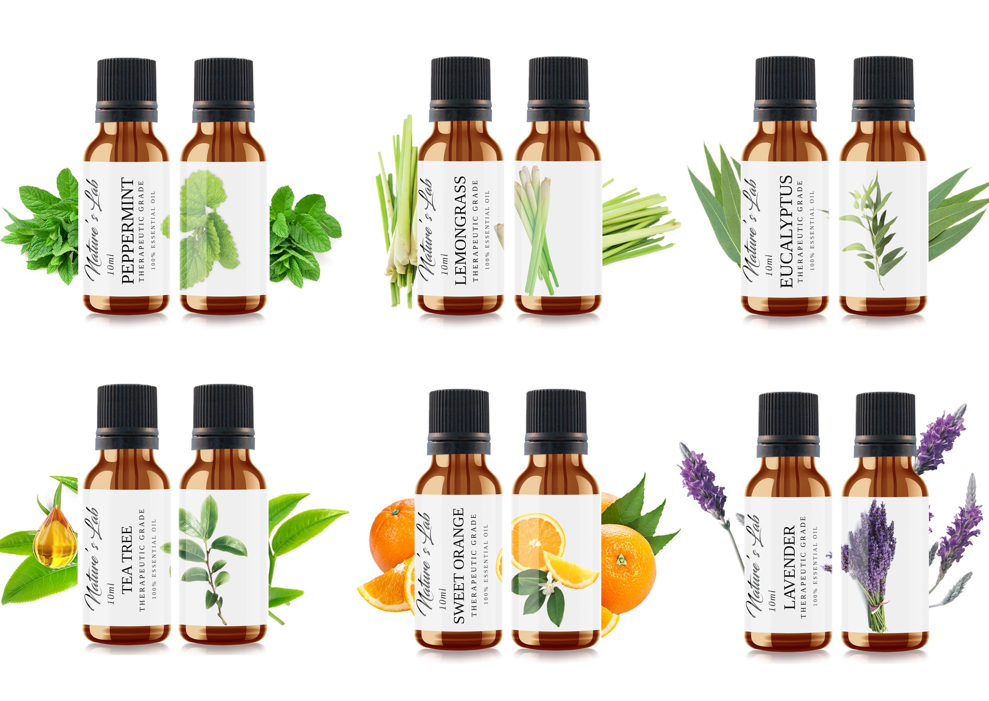 Essential Oils Set- Pack of 6 | Lemongrass-Peppermint-Eucalyptus- Tea Tree- Sweet Orange- Lavender | 10ml/0.33oz